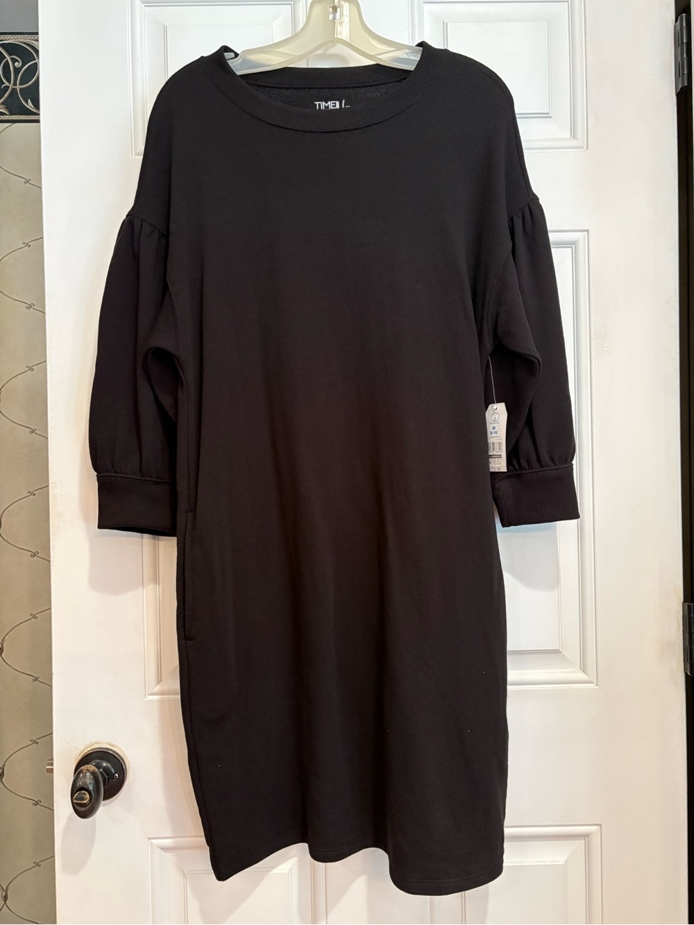 Women’s Time and Tru Black Sweatshirt Dress with 3/4 Length Sleeves, Size M, NWT